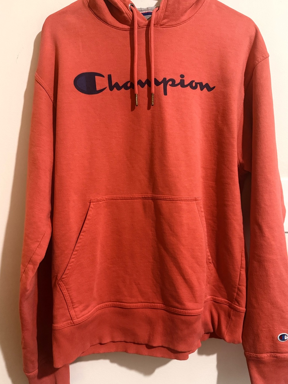 Champion Men's Coral Crewneck Hoodie with Navy Logo